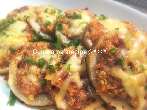 味付け不要♡とろりんチーズ♡れんこんの豚キムチ乗せ